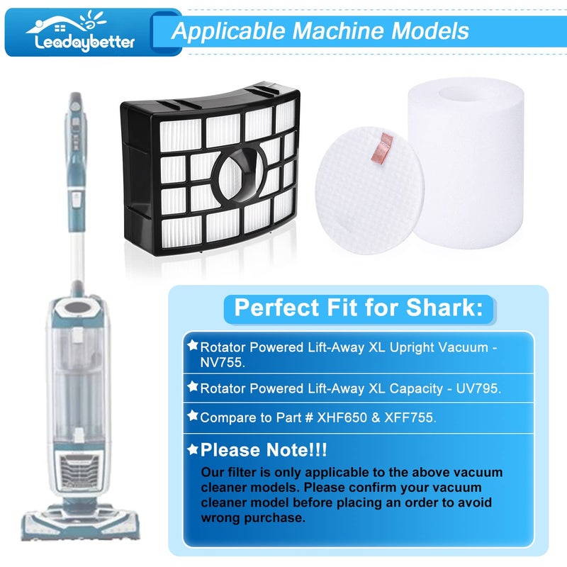 Leadaybetter 2 HEPA + 4 Foam & Felt Filters for Shark Rotator Powered Lift-Away XL Capacity NV755, UV795 Vacuum Cleaner, Compare to Part # XFF750 & XHF650 Replacement - Image 2